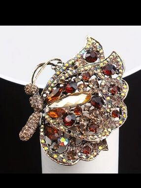 🆕️🦋 LIGHT BROWN TOPAZ & RED RHINESTONE CRYSTAL BUTTERFLY BROOCH / PIN 🦋